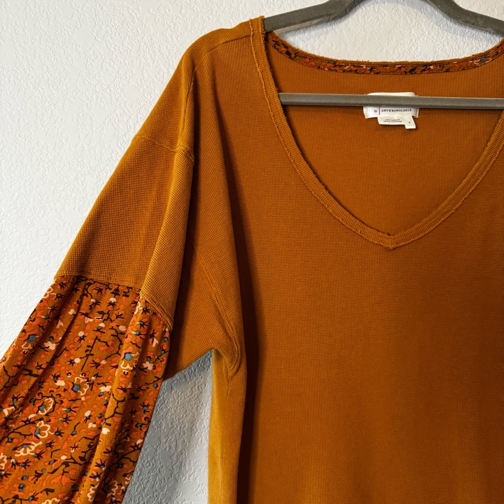 Anthropologie Waffle Knit Floral Printed Sleeve Annette Top Women’s Size Small - Picture 5 of 13